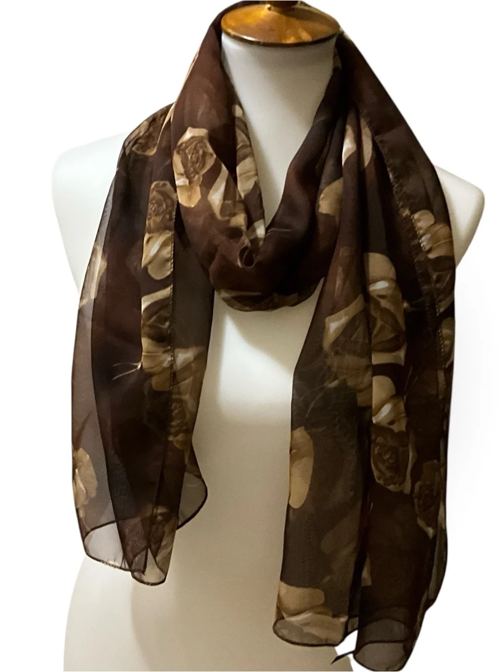 Vintage Sheer Brown Rose Scarf Long Floral Oblong Made in Korea